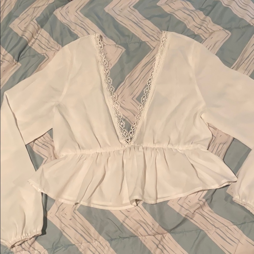 Deep V white lace blouse